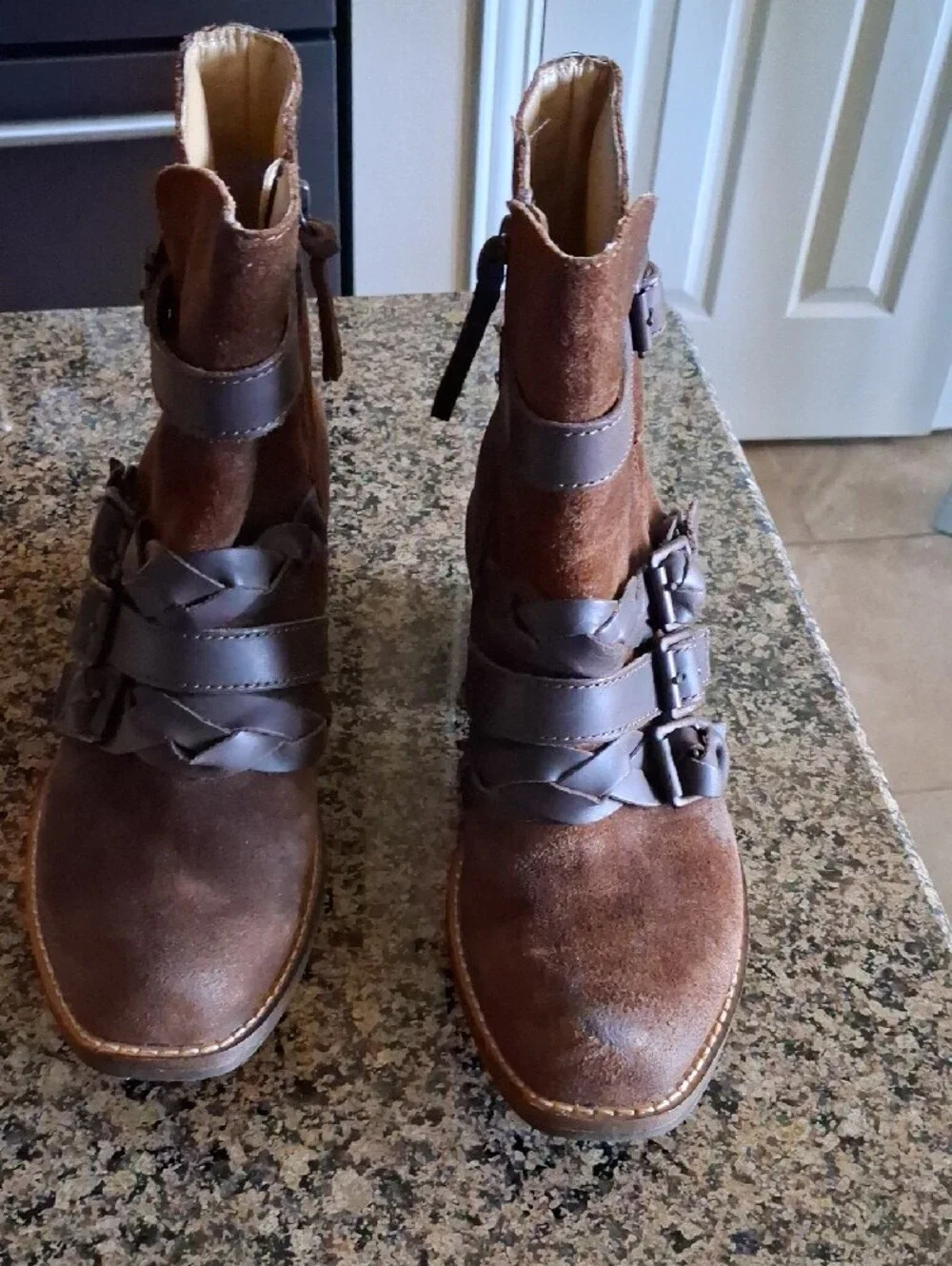 Latigo Dark Brown Suede Ankle Booties with Strap and Buckle Details